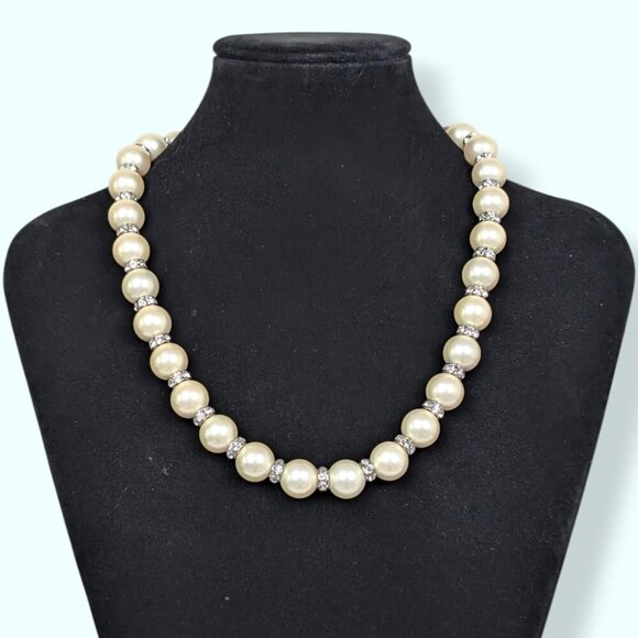 V. Glass Pearl Rhinestone Accent Necklace - Picture 2 of 6